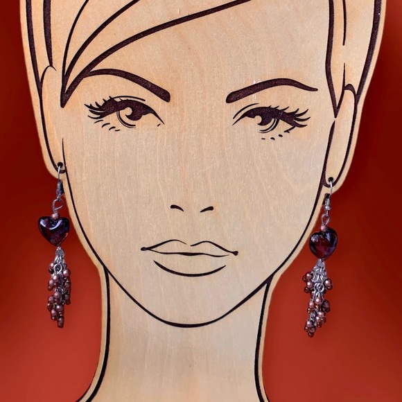 Amber Glass Heart & Glass Bead Cluster Dangle Pierced Earring Woman’s Jewelry - Picture 5 of 11